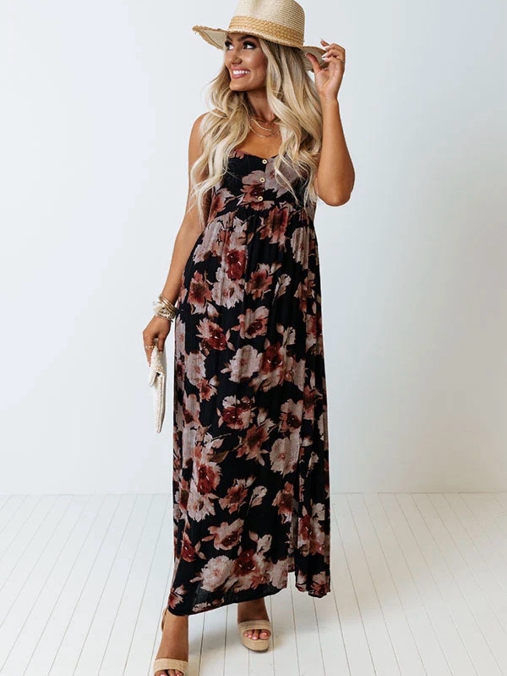 Impressions Music Festival Black and Tan Floral Maxi Dress